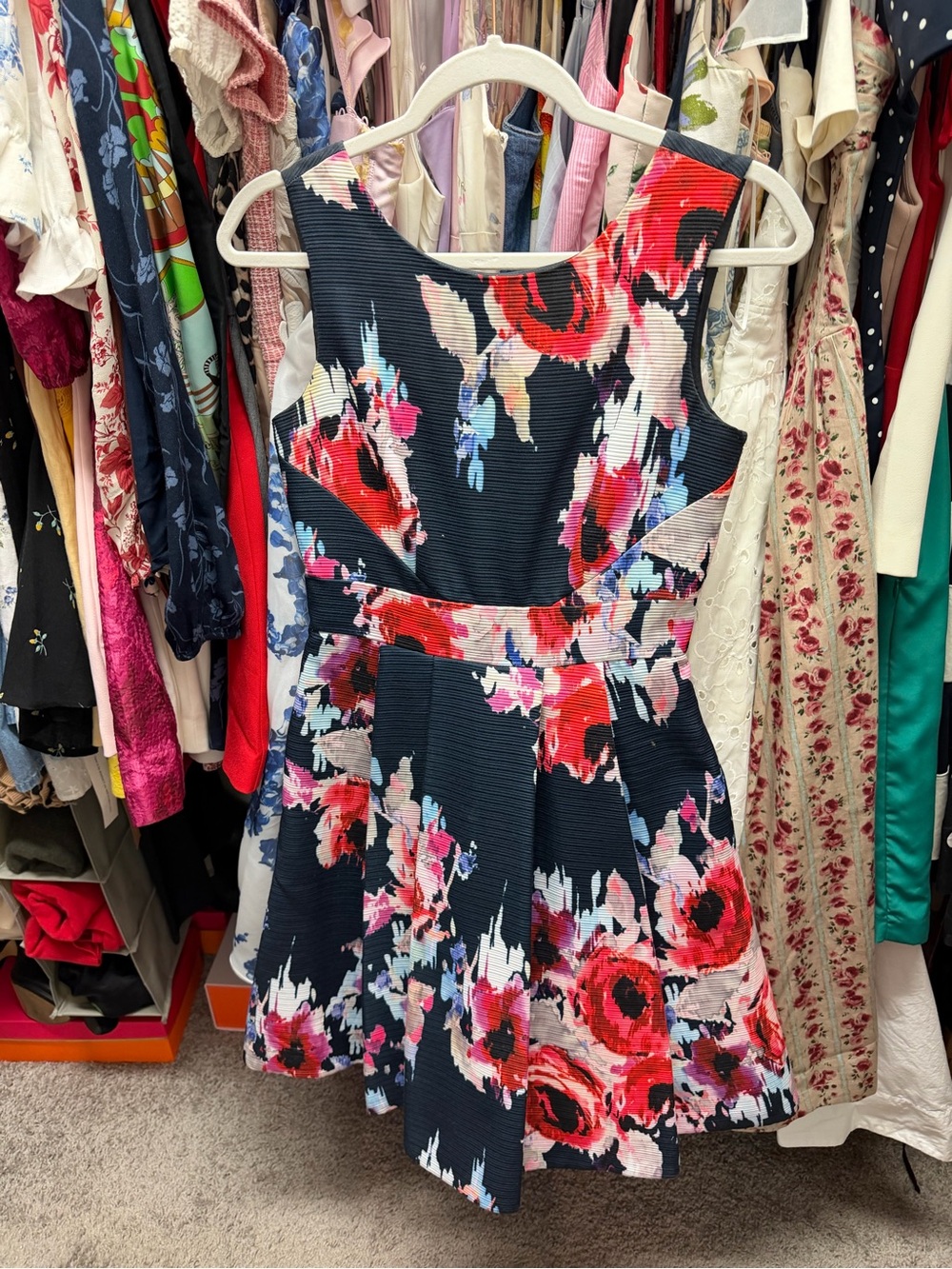 Kate Spade Navy Floral Fit-and-Flare Dress Red & Pink Blooms bow back size 0